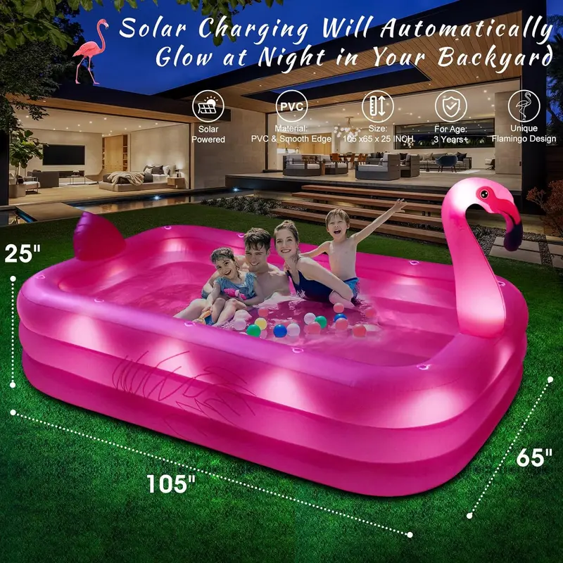 Solar-Powered LED Flamingo Inflatable Pool – Illuminated Backyard Splash Pool (105" x 65" x 25") with Thickened Walls for Kids & Adults 2