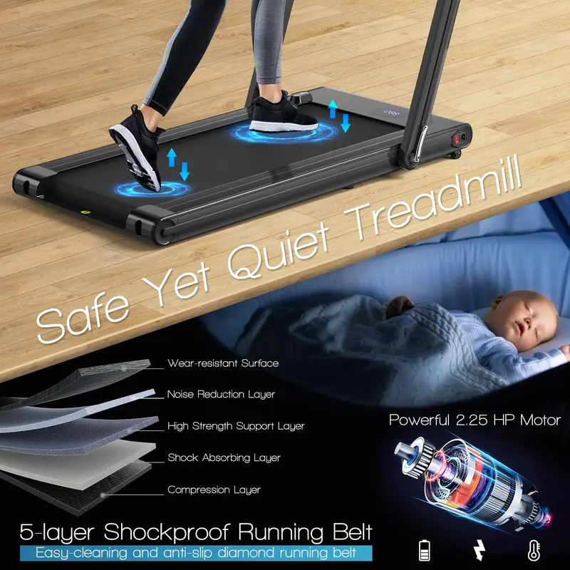 Space-Saving Under-Desk Treadmill – Foldable Electric Model with 2.25HP Motor and Digital LED Interface