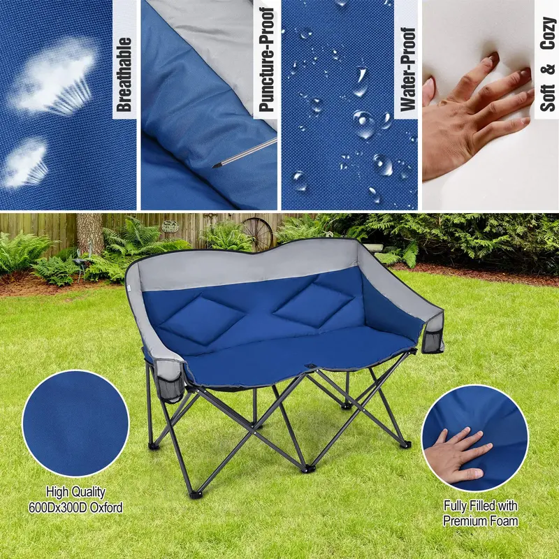 Two-Person Folding Loveseat – Padded High-Back Camping Chair with Carry Bag