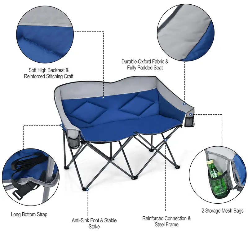 Two-Person Folding Loveseat – Padded High-Back Camping Chair with Carry Bag