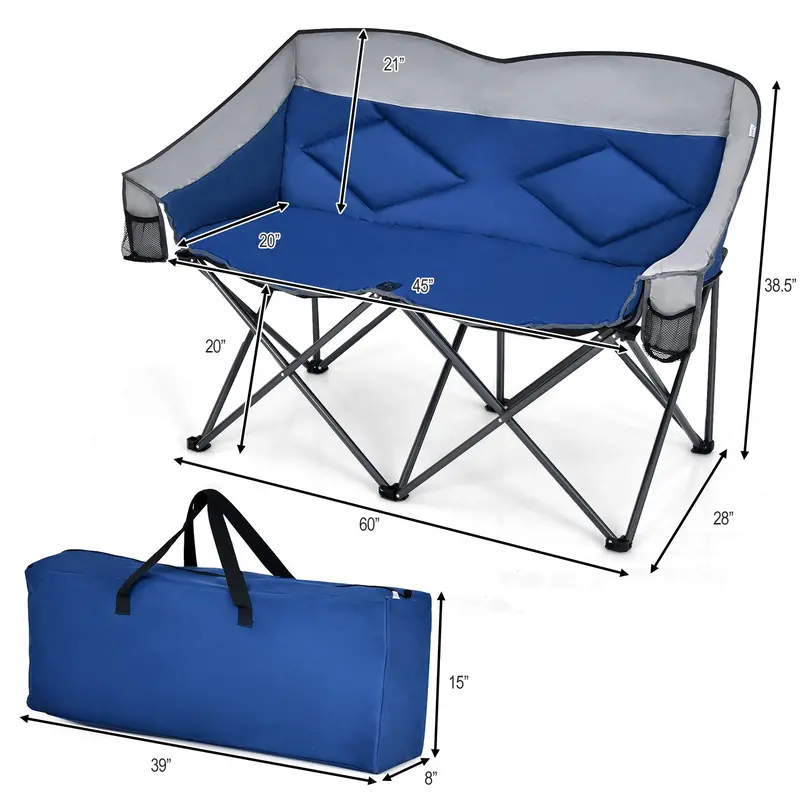 Two-Person Folding Loveseat – Padded High-Back Camping Chair with Carry Bag
