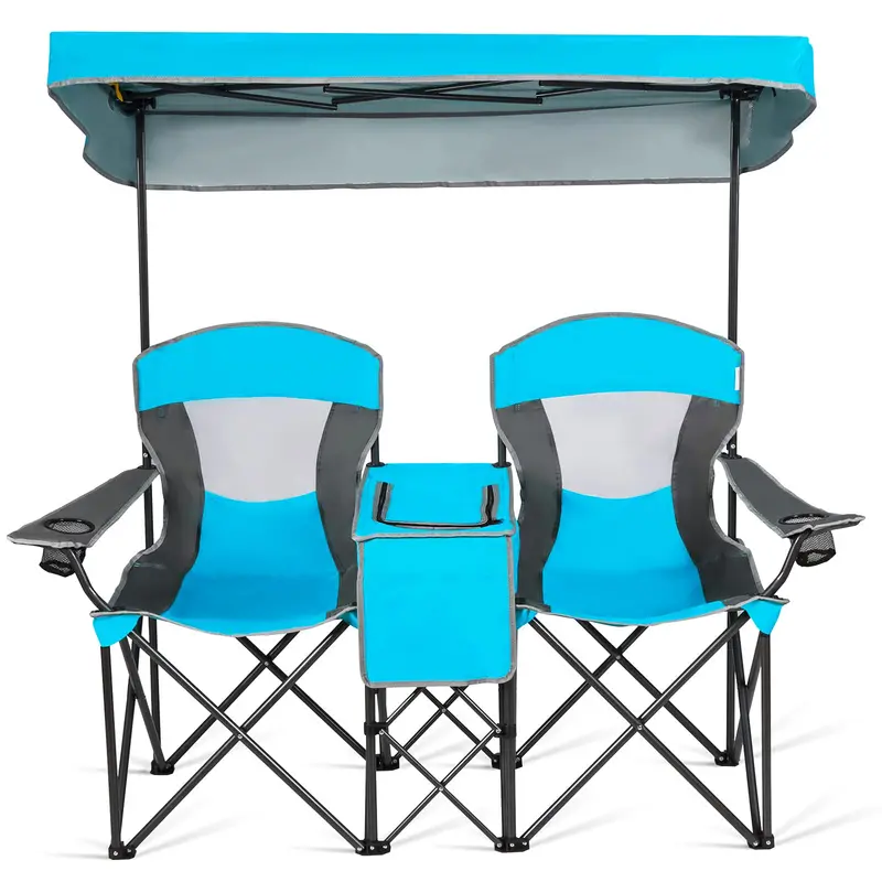Two-Person Portable Camping Chair Featuring Built-in Sunshade Canopy