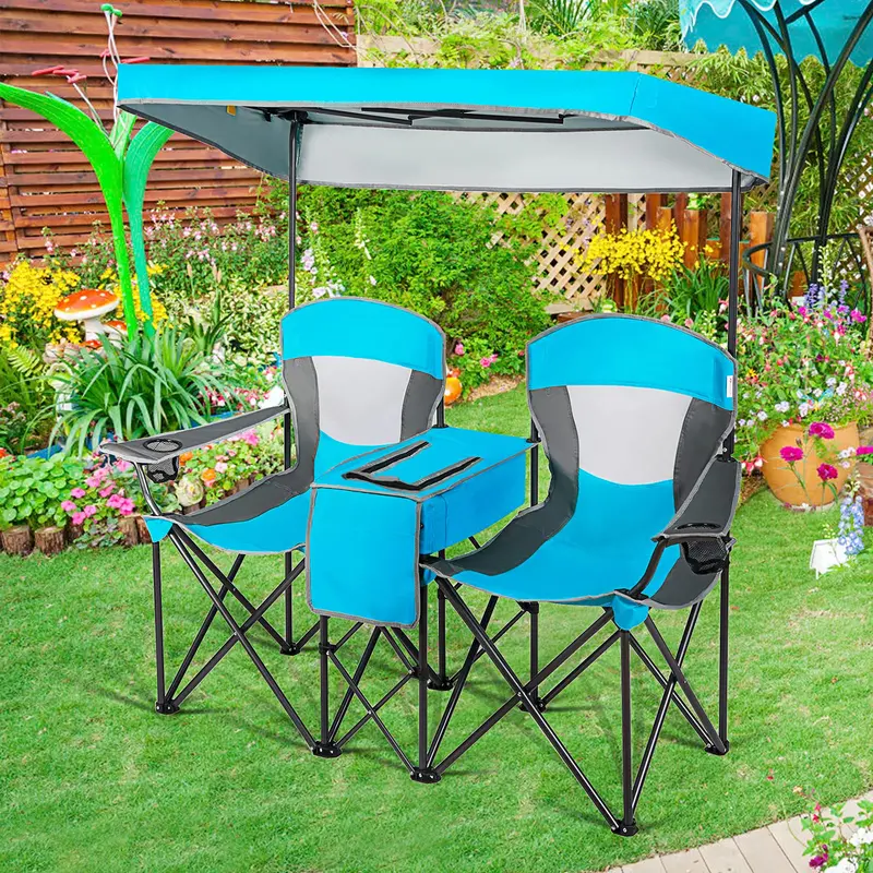 Two-Person Portable Camping Chair Featuring Built-in Sunshade Canopy 2