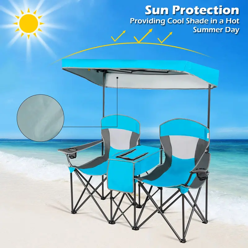 Two-Person Portable Camping Chair Featuring Built-in Sunshade Canopy