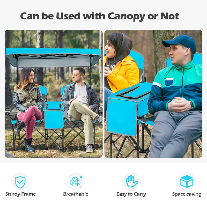Two-Person Portable Camping Chair Featuring Built-in Sunshade Canopy