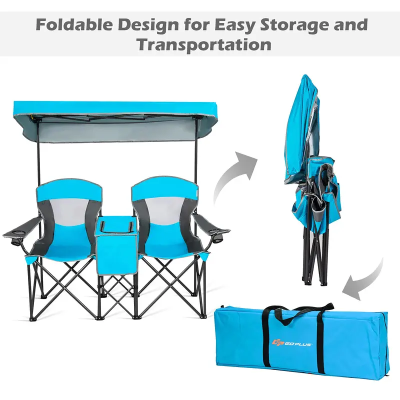 Two-Person Portable Camping Chair Featuring Built-in Sunshade Canopy