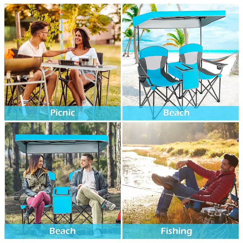 Two-Person Portable Camping Chair Featuring Built-in Sunshade Canopy