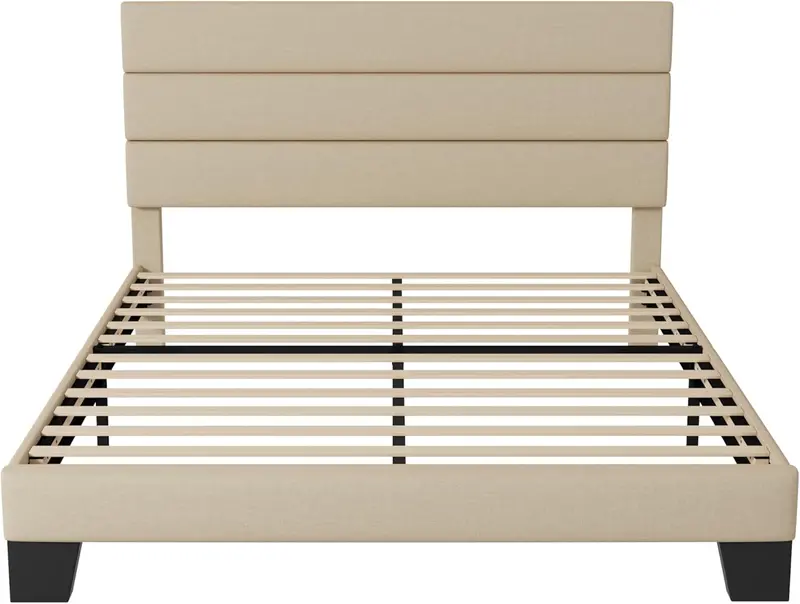 Upholstered Queen Platform Bed – Soft-Fabric Headboard Frame with Reinforced Solid Wood Slats