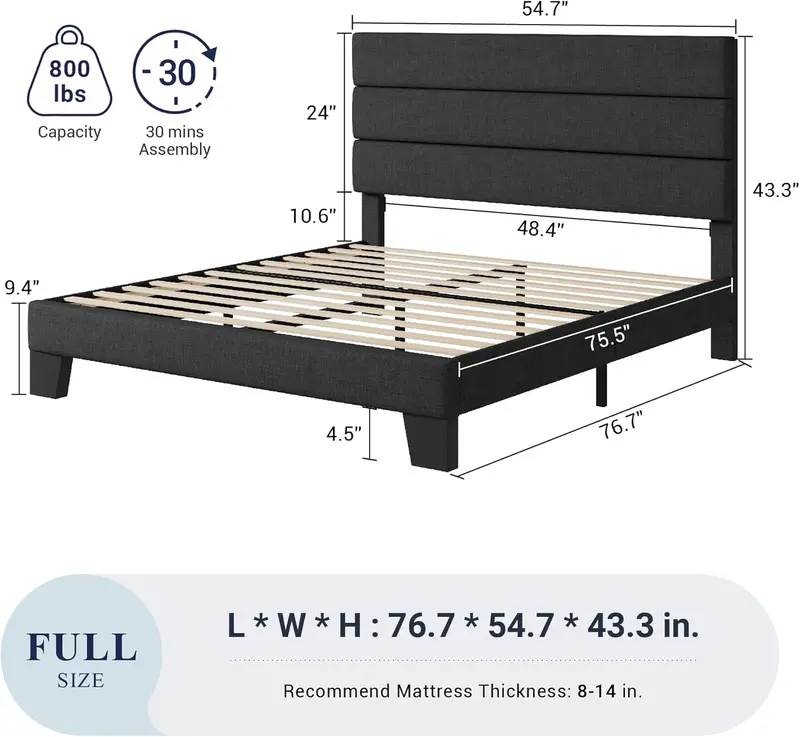 Upholstered Queen Platform Bed – Soft-Fabric Headboard Frame with Reinforced Solid Wood Slats