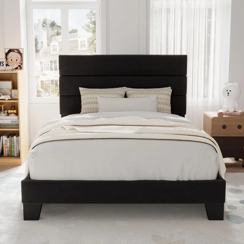 Upholstered Queen Platform Bed – Soft-Fabric Headboard Frame with Reinforced Solid Wood Slats