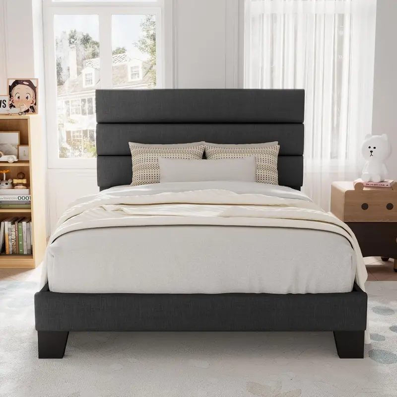 Upholstered Queen Platform Bed – Soft-Fabric Headboard Frame with Reinforced Solid Wood Slats
