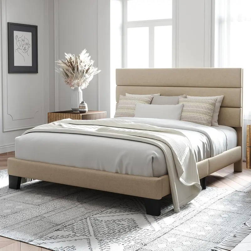 Upholstered Queen Platform Bed – Soft-Fabric Headboard Frame with Reinforced Solid Wood Slats