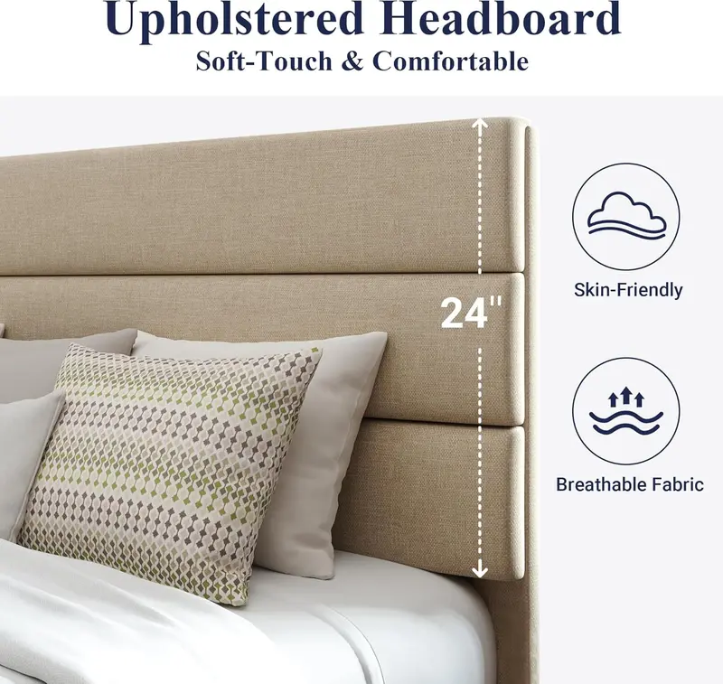 Upholstered Queen Platform Bed – Soft-Fabric Headboard Frame with Reinforced Solid Wood Slats