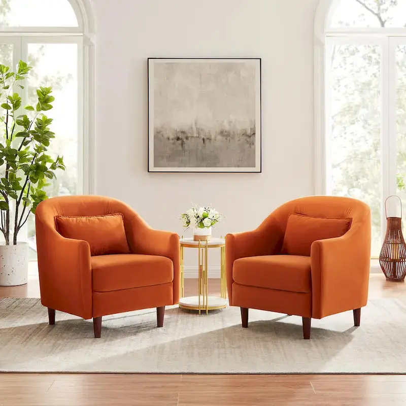 Velvet Barrel Accent Armchair Pair – Modern Two-Seat Set with Solid Wood Legs & Curved Silhouette