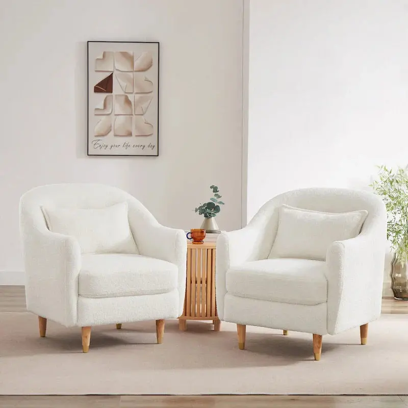 Velvet Barrel Accent Armchair Pair – Modern Two-Seat Set with Solid Wood Legs & Curved Silhouette