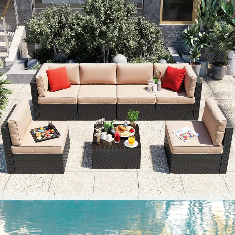 Vongrasig Beige 5-Piece All-Weather Patio Sectional – PE Rattan Sofa with Ottoman, Tempered Glass Table, and Coordinated Cushions