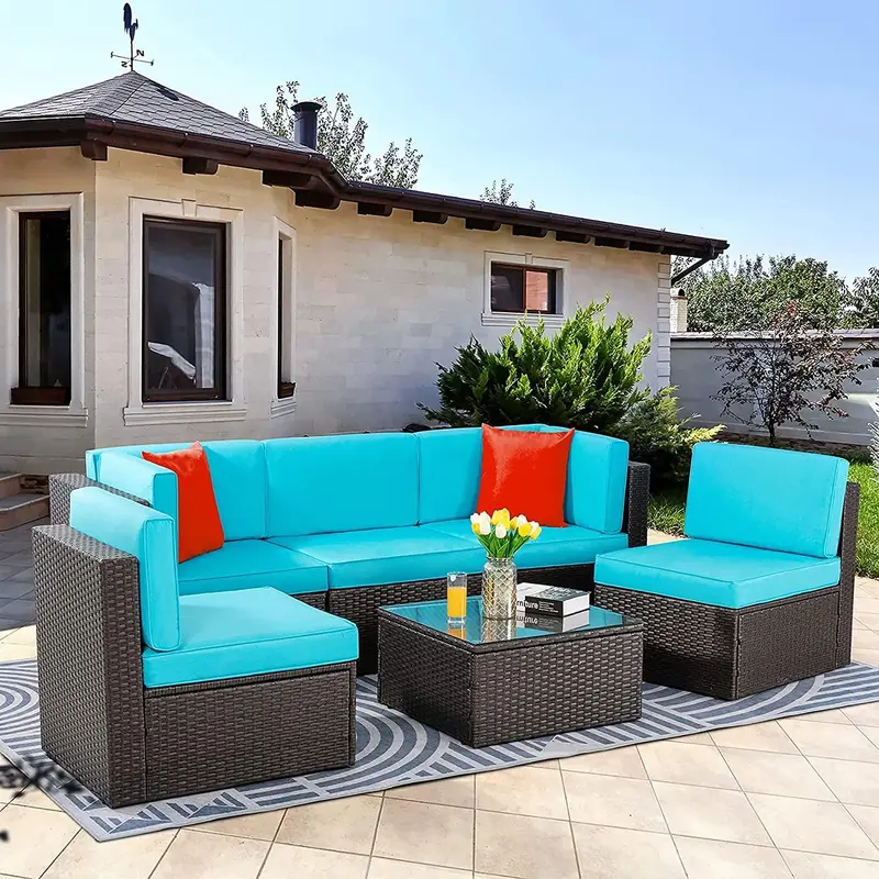 Vongrasig Beige 5-Piece All-Weather Patio Sectional – PE Rattan Sofa with Ottoman, Tempered Glass Table, and Coordinated Cushions
