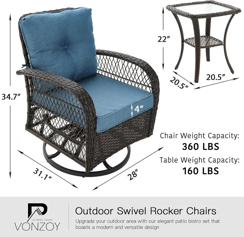 VONZOY 3-Piece Outdoor Rocking Chair Set with Plush Thick Cushions