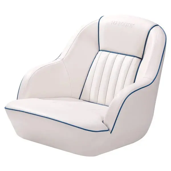 White-and-Blue Pontoon Boat Captain’s Seat — Space-Saving Fold-Back Backrest Design