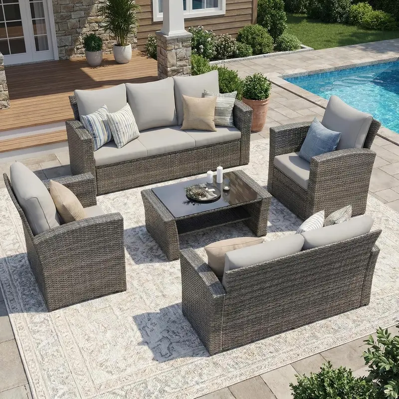 Wisteria Lane Navy Blue 4-Piece All-Weather Wicker Patio Sofa Set Including Comfort Cushions and Clear Glass Coffee Table