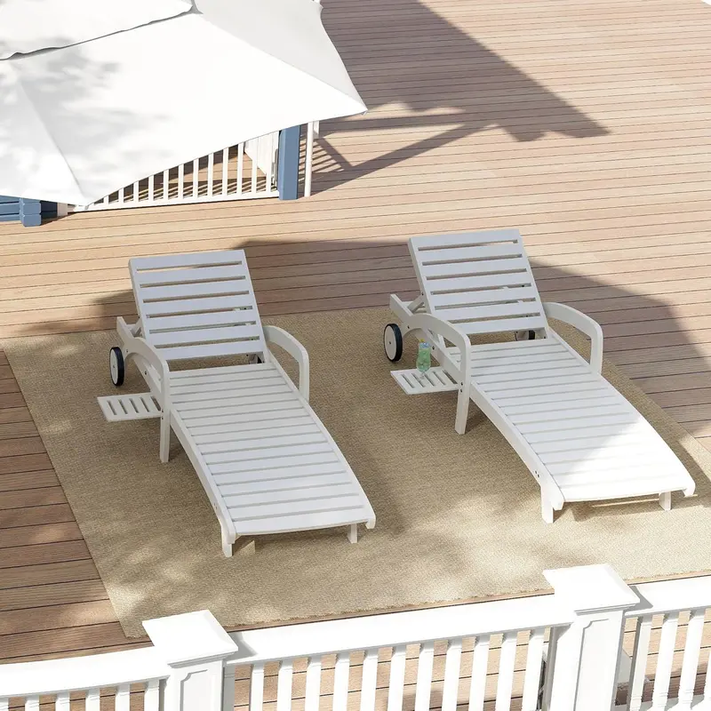 Wooden 4-Piece Chaise Lounge Set – Five-Angle Reclining Chairs with Integrated Pull-Out Side Tables 2