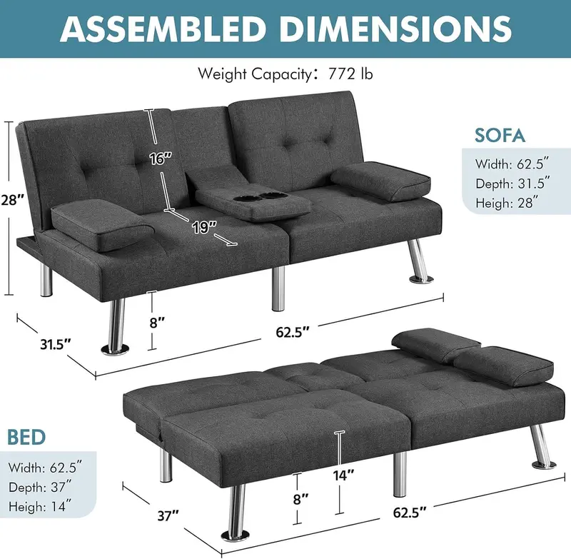 Yaheetech Reversible Faux Leather Loveseat – Folding Sofa Bed with 3 Recline Positions