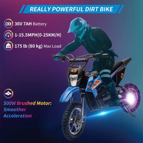 Youth Off-Road Electric Bike – 36V, 350W Brushless Motor, 175 lb Load Capacity (Blue)